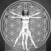 Leonardo da Vinci, Vitruvian man superimposed on Flower of Life